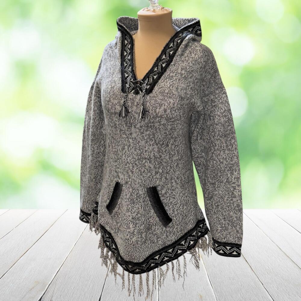 PAHUART Alpaca Hooded Sweater Fringe Trim Peruvian Artisan Folk Art Gray Size S